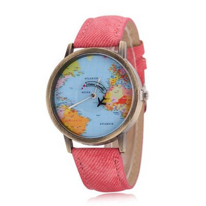 Unisex pulkstenis ar ādas siksniņu ar pasaules kartes dizainu un lidmašīnu
