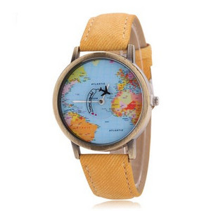 Unisex pulkstenis ar ādas siksniņu ar pasaules kartes dizainu un lidmašīnu