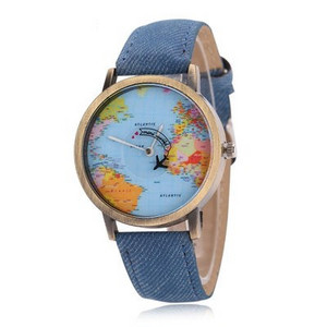 Unisex pulkstenis ar ādas siksniņu ar pasaules kartes dizainu un lidmašīnu