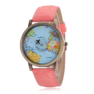 Unisex pulkstenis ar ādas siksniņu ar pasaules kartes dizainu un lidmašīnu