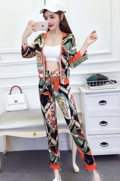 Uus mudel naiste mustrilise mustriga jope ja pikkade pükste komplekt