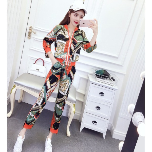Uus mudel naiste mustrilise mustriga jope ja pikkade pükste komplekt