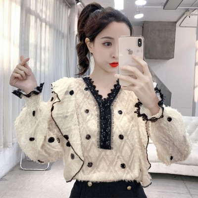 Ženska čipkasta košulja sa špic izrezom na točkice