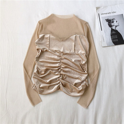 Stílusos női blúz kék bézs és fekete színben, ovális nyakkivágással