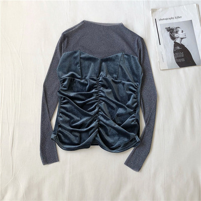 Stílusos női blúz kék bézs és fekete színben, ovális nyakkivágással