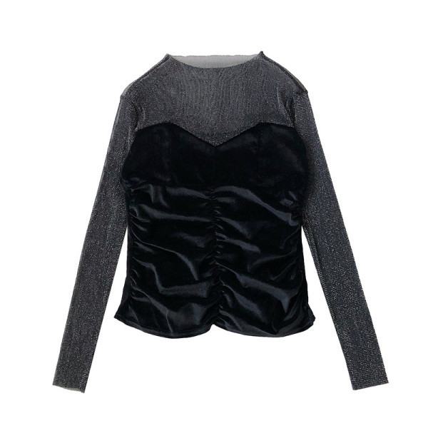 Stílusos női blúz kék bézs és fekete színben, ovális nyakkivágással