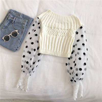 Naiste moodne kolmevärviline pitsiga kootud pluus