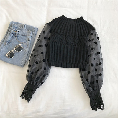 Naiste moodne kolmevärviline pitsiga kootud pluus