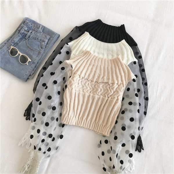 Naiste moodne kolmevärviline pitsiga kootud pluus