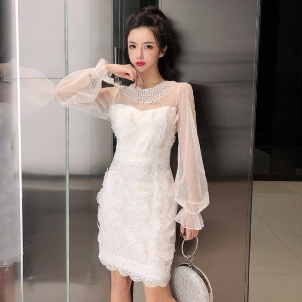 Stiilne pikkade varrukate ja pitsiga naiste kleit