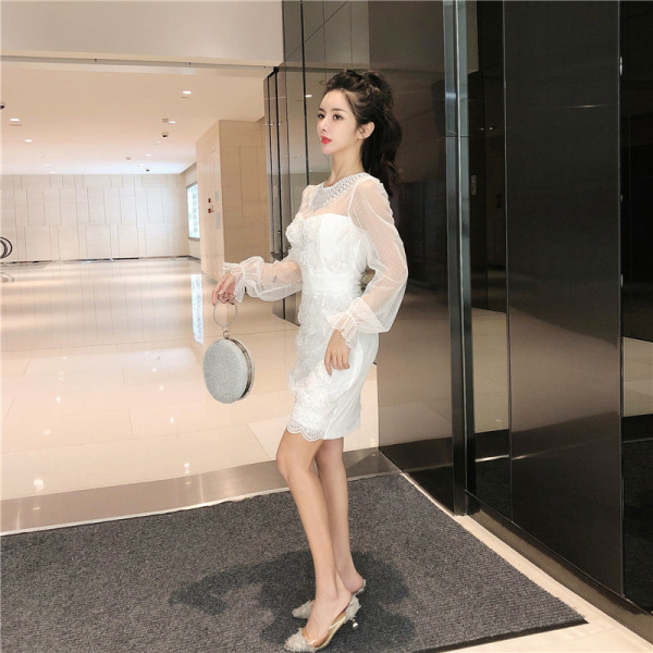 Stiilne pikkade varrukate ja pitsiga naiste kleit