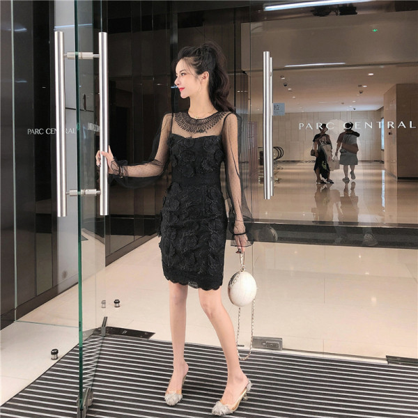 Stiilne pikkade varrukate ja pitsiga naiste kleit