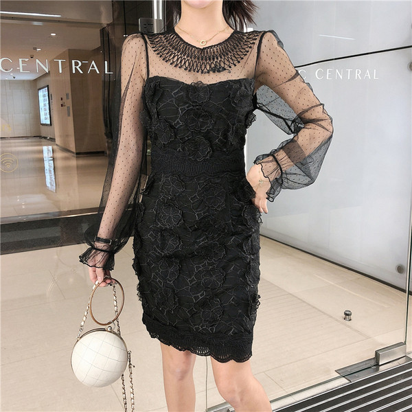 Stiilne pikkade varrukate ja pitsiga naiste kleit