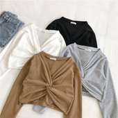 Ежедневна дамска къса блуза в четири цвята с шпиц деколте