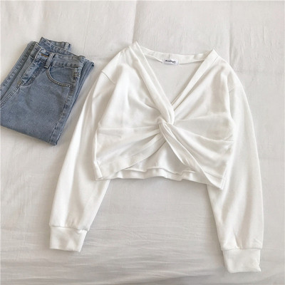 Ежедневна дамска къса блуза в четири цвята с шпиц деколте