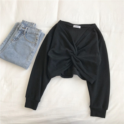 Ежедневна дамска къса блуза в четири цвята с шпиц деколте