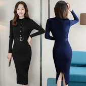 Дълга дамска рокля с копчета и колан