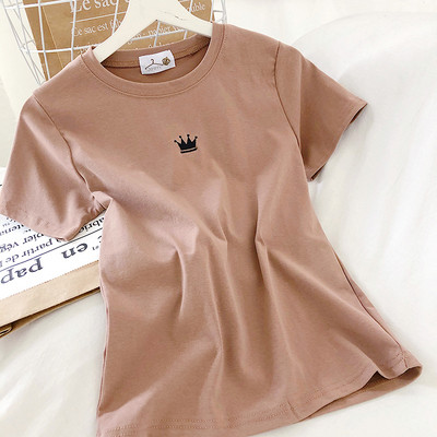 Naiste vabaaja pluus lühikeste varrukate ja ovaalse kaelusega