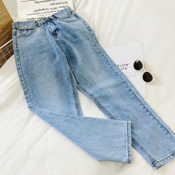 Naiste praegused sinised teksad kõrge vöökohaga sirge mudeliga