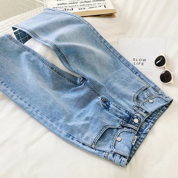 Naiste praegused sinised teksad kõrge vöökohaga sirge mudeliga