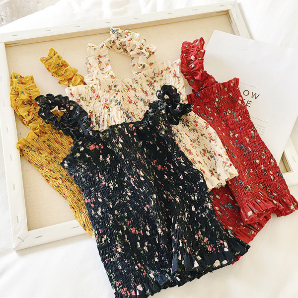 Naiste aktuaalne neljas värvitoonis lillemustriga lühike topp