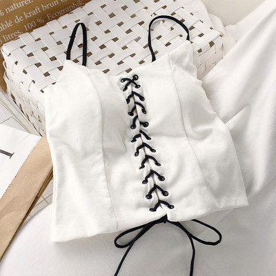 Naiste moodne lühike valge ja must lipsudega topp