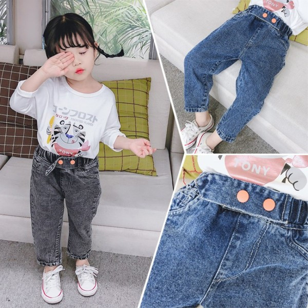 Moodsad nööpide ja kõrge vöökohaga lasteteksad tüdrukutele