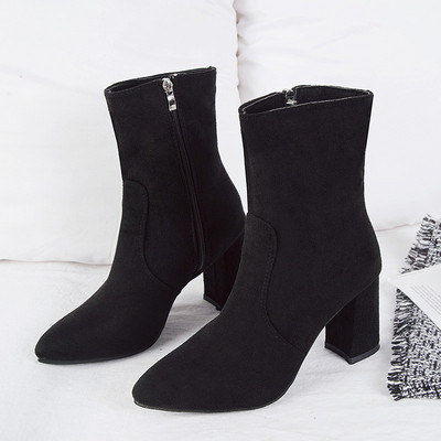 Ženske proljetno-jesenske čizme od eko brušene kože na petu - model na špic