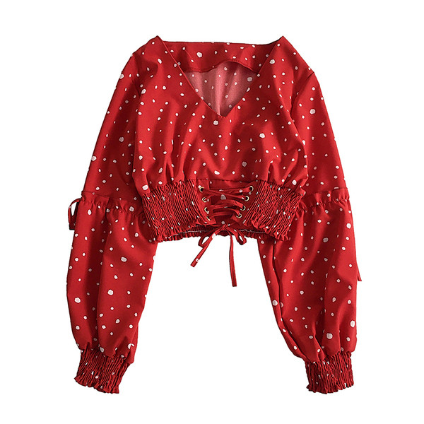 Modern női rövid, pöttyös blúz, három színben, nyakkendővel