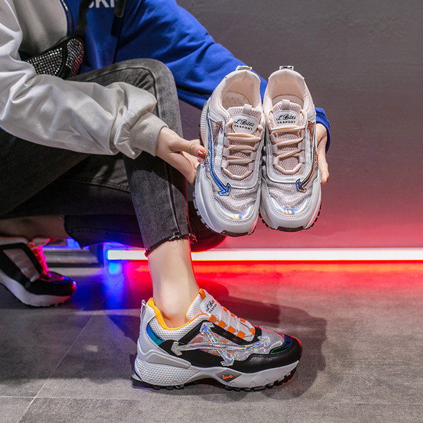 Ženske moderne tenisice od eko kože i tekstila sa grubim đonom od 4 cm