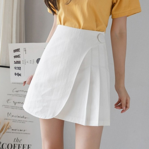 Tavaszi női szoknya magas derékkal, ráncokkal és gombbal