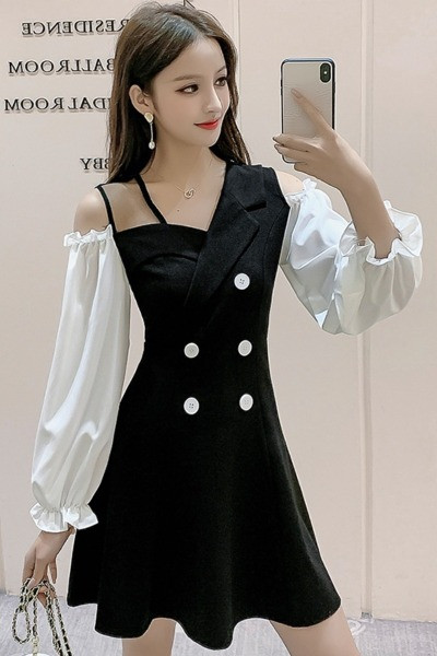 Retro laiade varrukate ja nööpidega naiste kleit