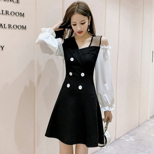 Retro laiade varrukate ja nööpidega naiste kleit