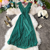 Pikk naiste retro täpiline kleit spitsikaelusega