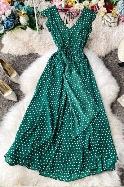 Pikk naiste retro täpiline kleit spitsikaelusega