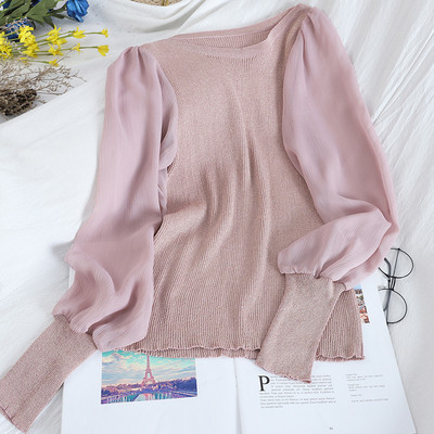 Γυναικείο πουλόβερ με οβάλ λαιμόκοψη και μανίκια σιφόν