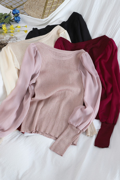 Γυναικείο πουλόβερ με οβάλ λαιμόκοψη και μανίκια σιφόν