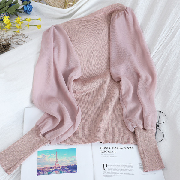 Γυναικείο πουλόβερ με οβάλ λαιμόκοψη και μανίκια σιφόν