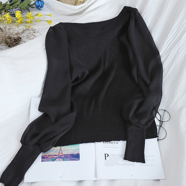 Γυναικείο πουλόβερ με οβάλ λαιμόκοψη και μανίκια σιφόν