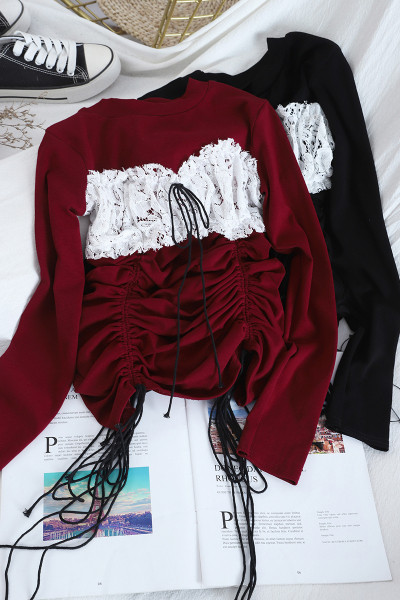 Női blúz O-nyakkal és csipkével