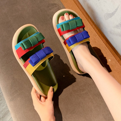 Многоцветни дамски чехли с панделки