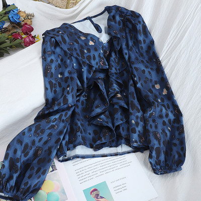 Дамска риза с леопардов принт,къдри и V-образно деколте