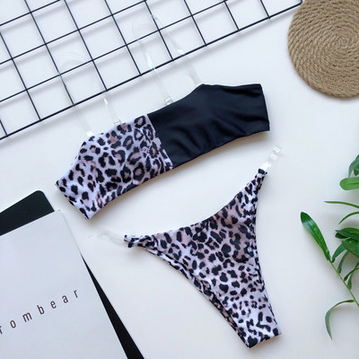 Moodne kaheosaline läbipaistvate silikoonrihmade ja leopardimustriga ujumistrikoo