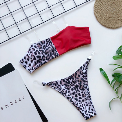 Moodne kaheosaline läbipaistvate silikoonrihmade ja leopardimustriga ujumistrikoo