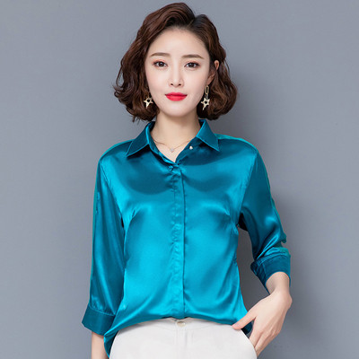 Stiilne naiste siidist särk klassikalise krae ja pikkade varrukatega