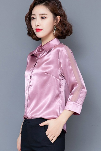 Stiilne naiste siidist särk klassikalise krae ja pikkade varrukatega