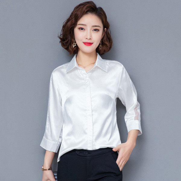 Stiilne naiste siidist särk klassikalise krae ja pikkade varrukatega