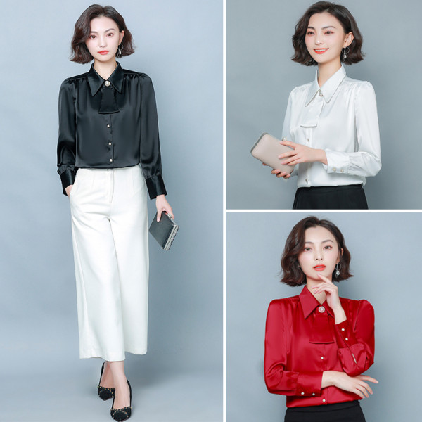 Дамска риза от шифон с класическа яка и копчета