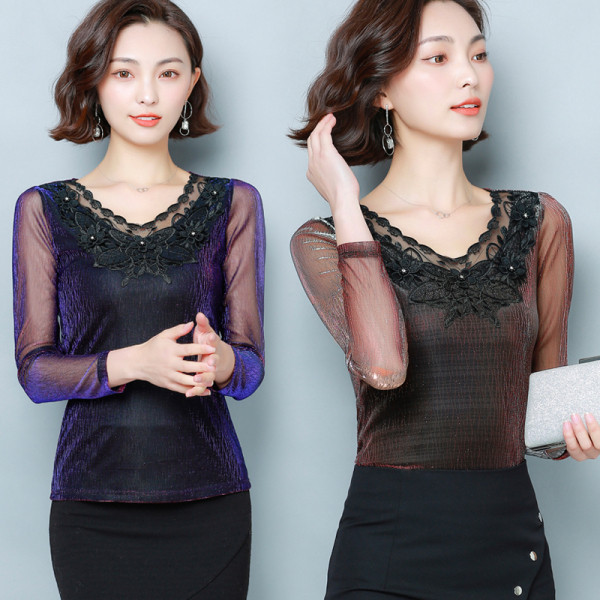 Kaasaegne naiste pluus pits- ja spitsikaelusega