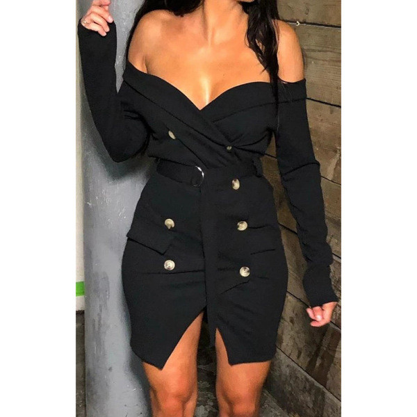 Moodne naiste lühike kleit allakäinud varrukate ja nööpidega